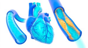 심장 관상동맥의 죽상경화증 진행 과정을 보여주는 3D 의학 일러스트