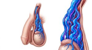 정계정맥류의 혈관 구조와 역류 현상을 시각화한 3D 의학 일러스트